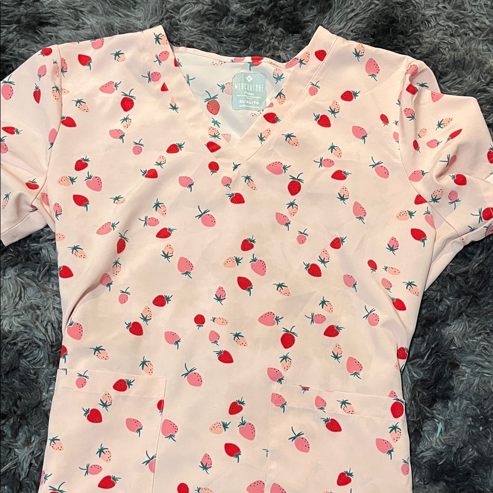Pink Strawberry Print Scrub Top